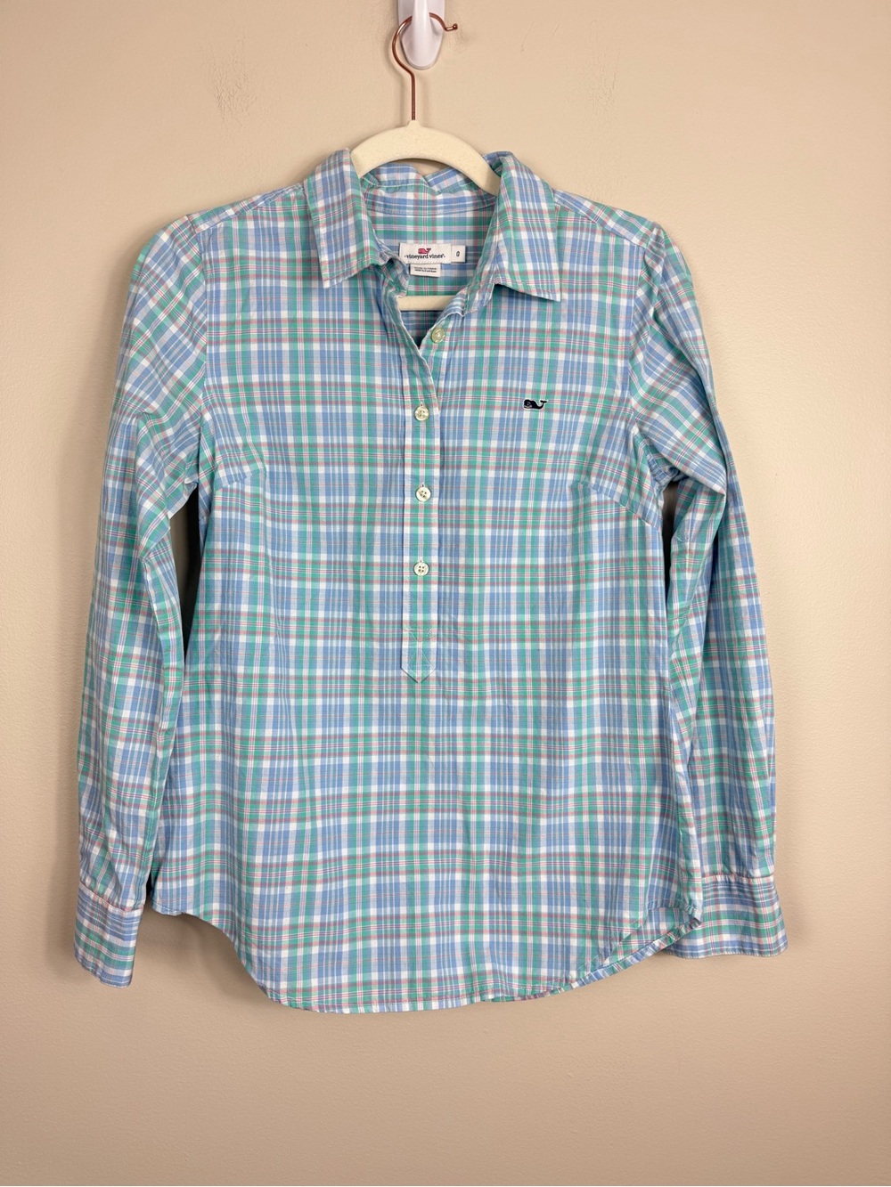 Vineyard Vines Top Womens 0 Blue Green Plaid Half Button Up Cotton Preppy Collar
